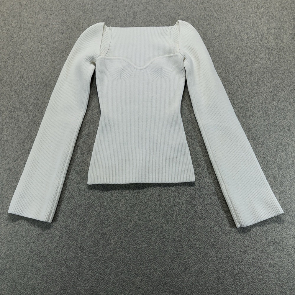 Pixie Market White Ribbed Knit Sweetheart Long Sleeve Sweater Top Women's S